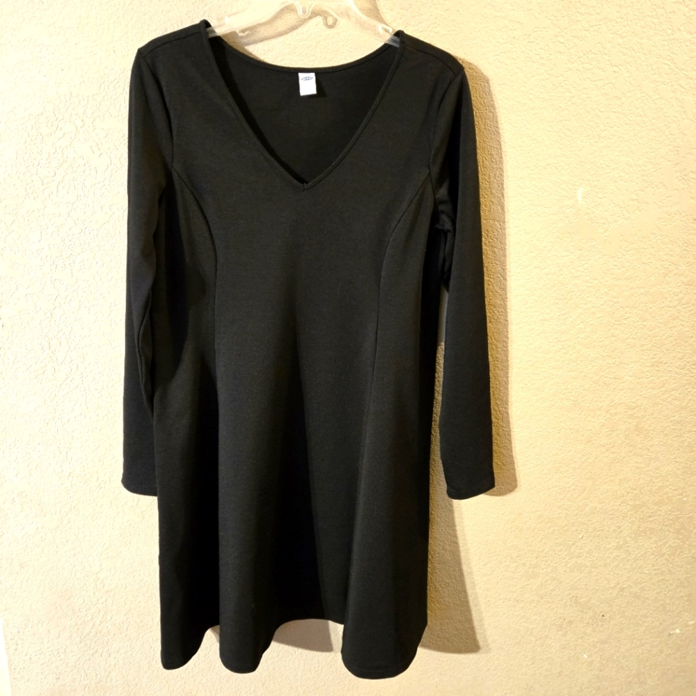 Old Navy Womens Black Long Sleeve Dress V-Neck Pull-over Large A-Line Black Jack
